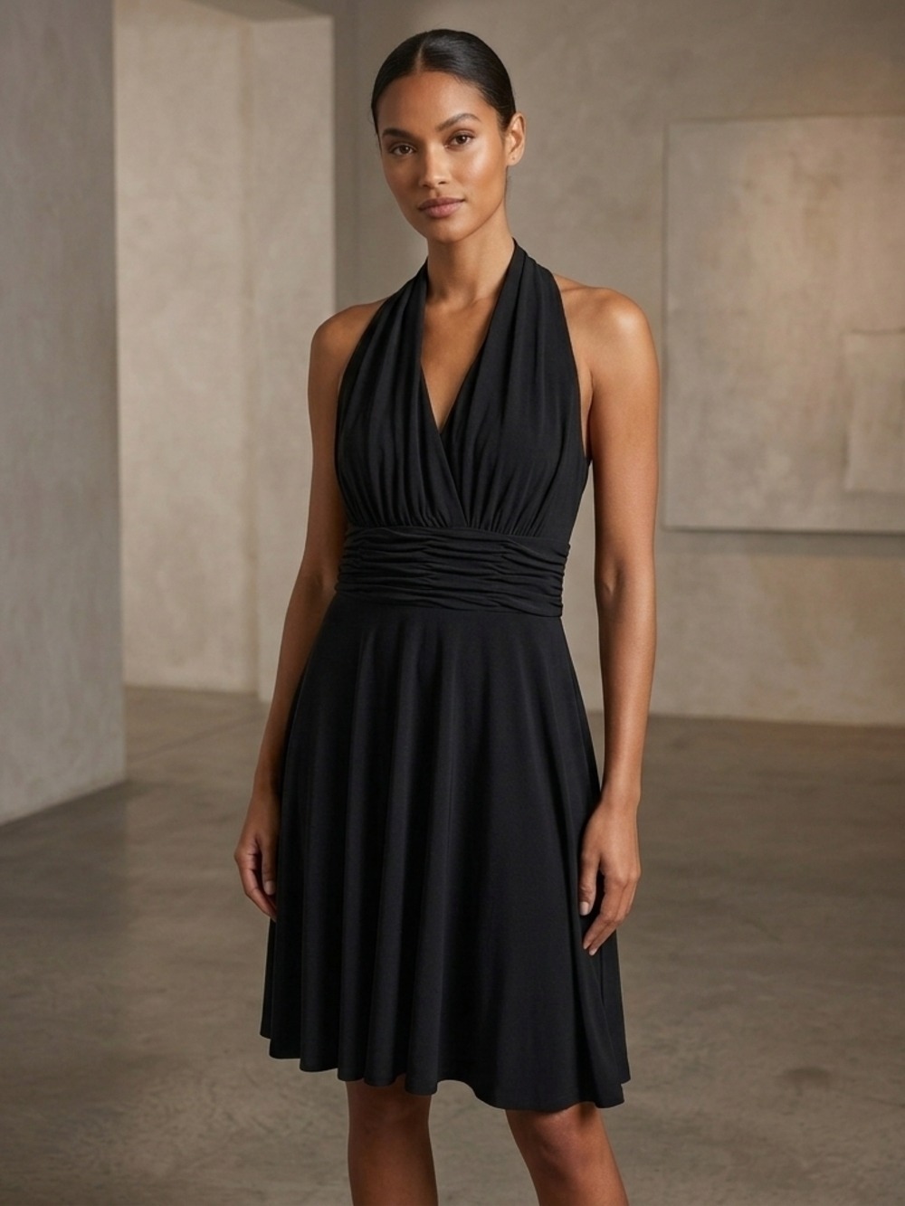 Evan Picone  Vintage Black One-Shoulder Halter V-Neck Cocktail Dress